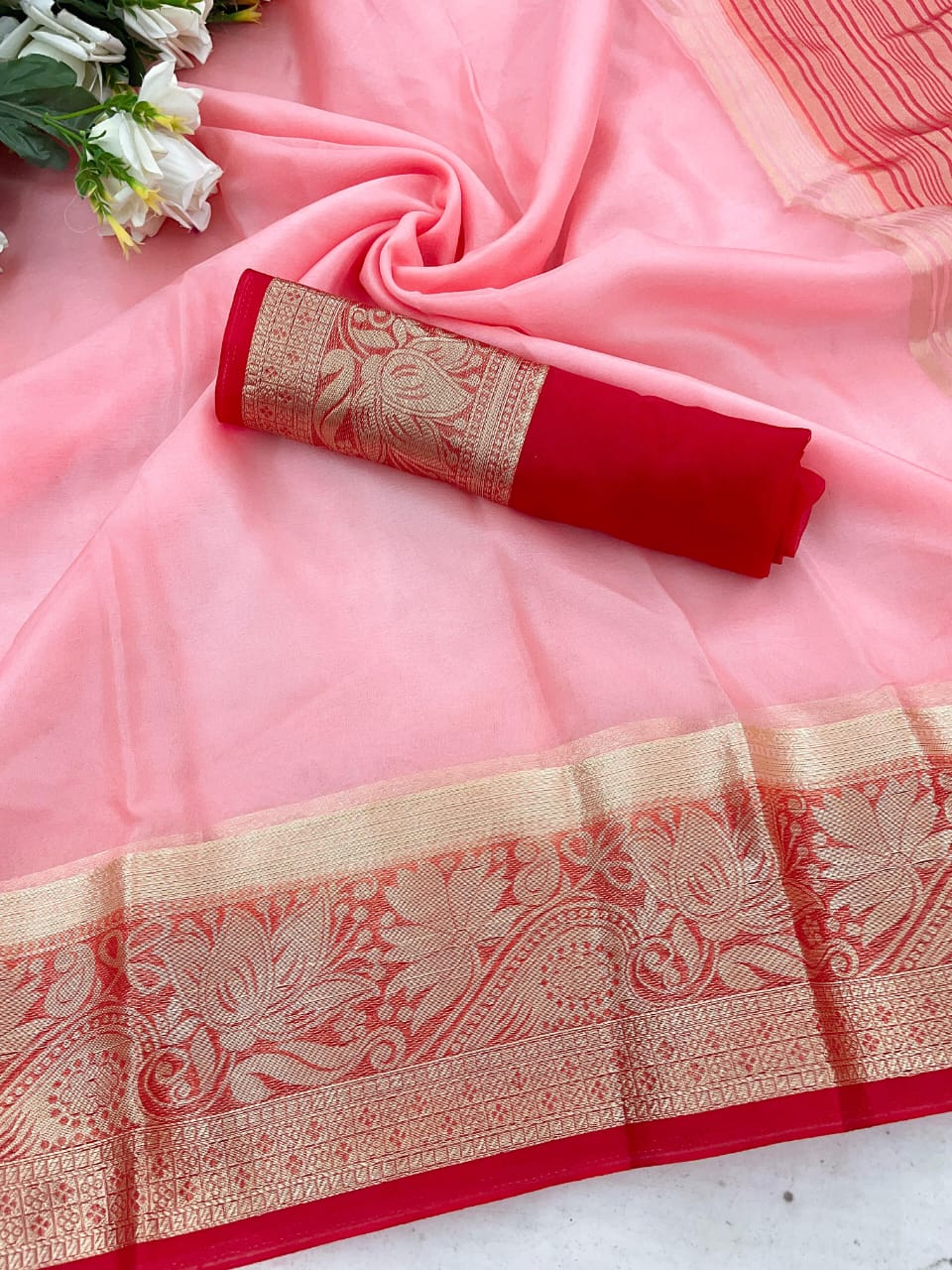 Majesty Pink Orgenza Silk Saree With Glorious Blouse Piece - Image 2