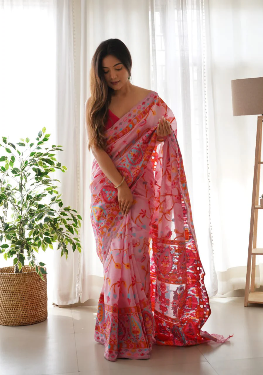 Majesty Pink Pashmina saree With Fancifull Blouse Piece - Image 4