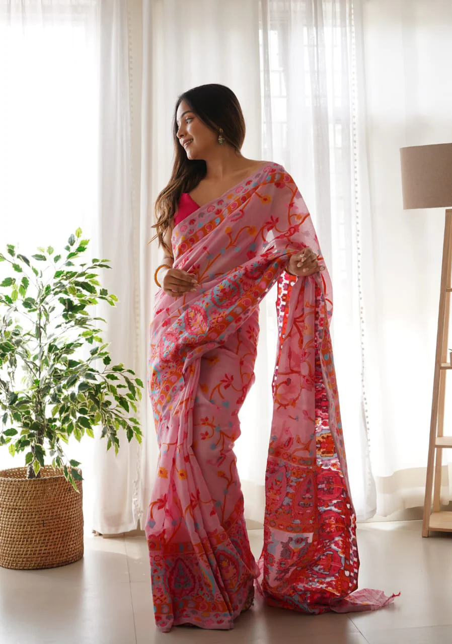 Majesty Pink Pashmina saree With Fancifull Blouse Piece - Image 5