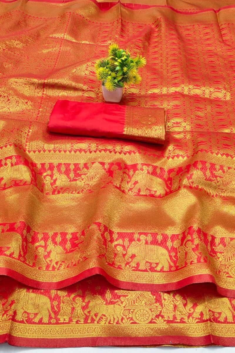 Majesty Red Pure Zari Weaving Banarasi Silk Saree With Assemblage Blouse Piece - Image 3