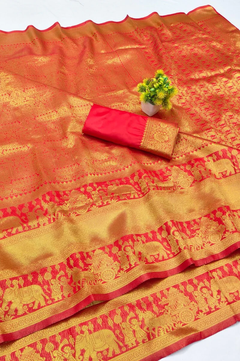 Majesty Red Pure Zari Weaving Banarasi Silk Saree With Assemblage Blouse Piece - Image 4