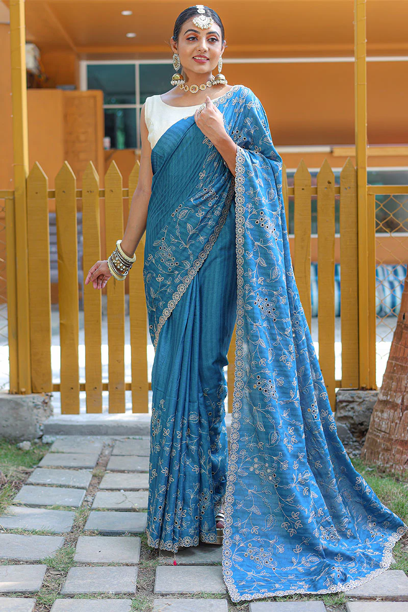 Marvellous Firozi Embroidery Work Soft Silk Saree With Classy Blouse Piece - Image 3