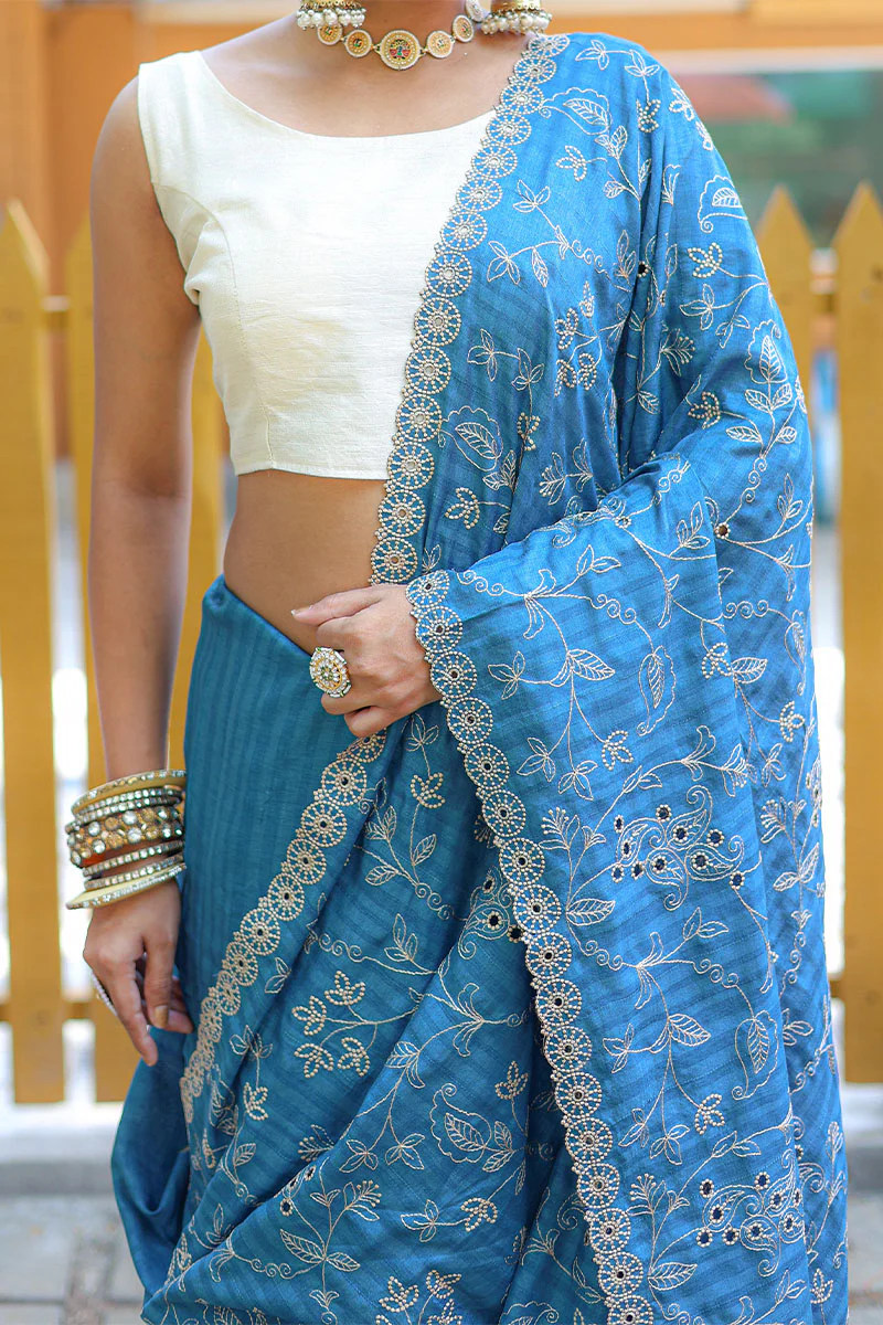 Marvellous Firozi Embroidery Work Soft Silk Saree With Classy Blouse Piece - Image 4