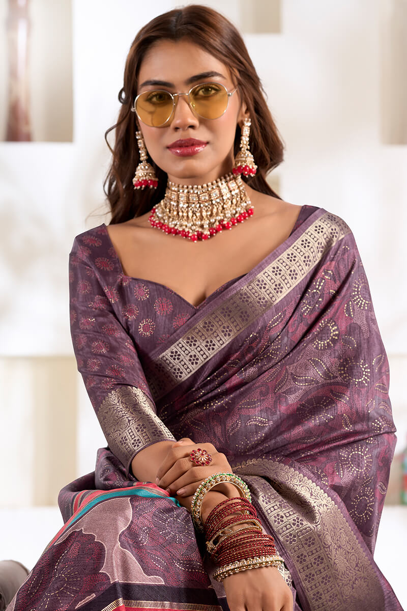 Marvellous Lavender Digital Printed Dola Silk Saree With Ravishing Blouse Piece - Image 4