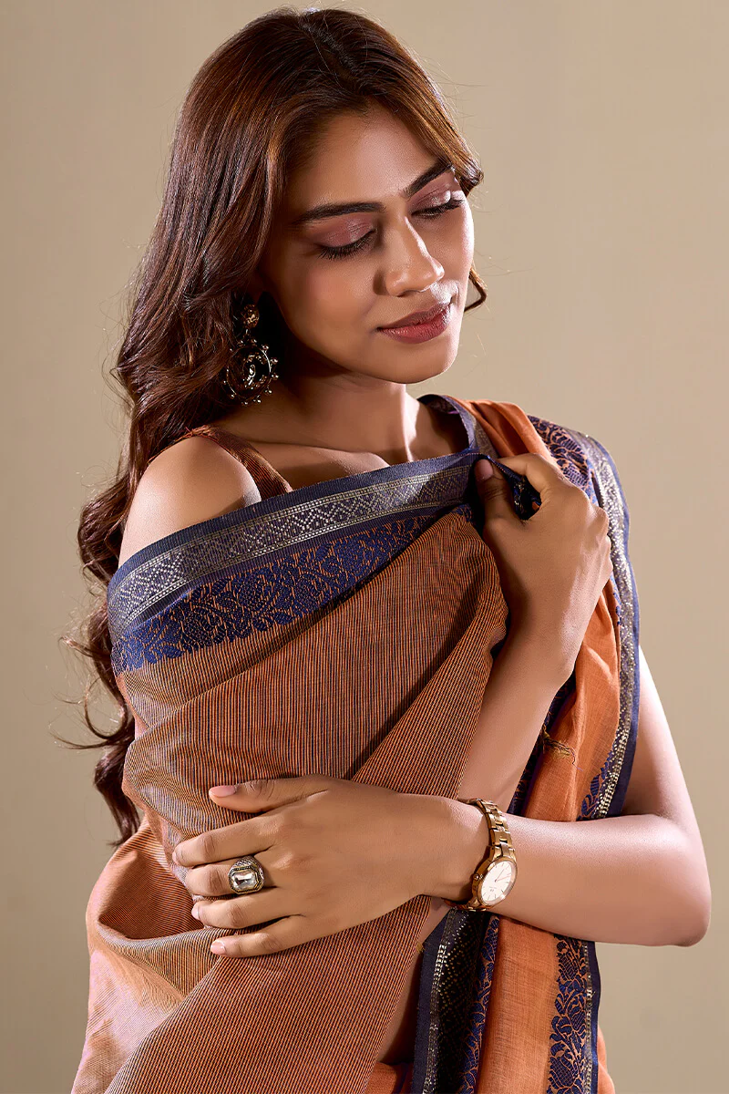 Marvellous Orange Cotton Silk Saree With Amazing Blouse Piece - Image 3