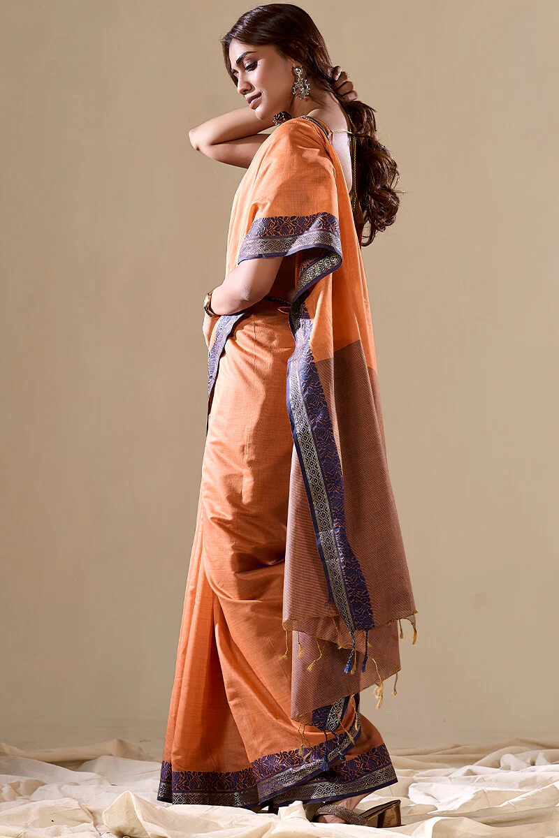 Marvellous Orange Cotton Silk Saree With Amazing Blouse Piece - Image 4