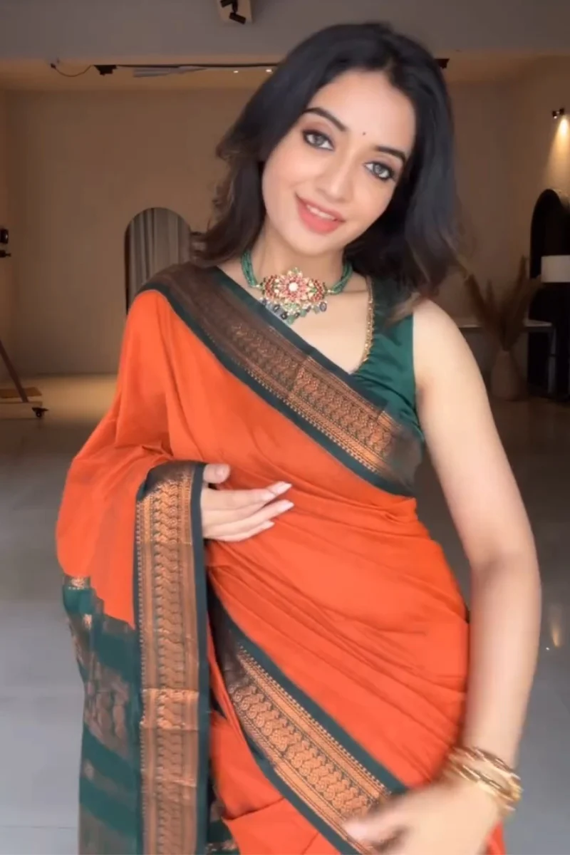 Marvellous Orange Soft Silk Saree With Unique Blouse Piece - Image 3