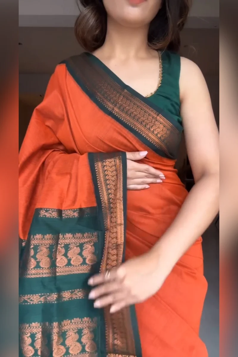 Marvellous Orange Soft Silk Saree With Unique Blouse Piece - Image 4