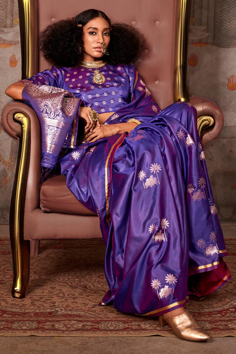 Marvellous Purple Banarasi Satin Silk Saree With Refreshing Blouse - Image 2
