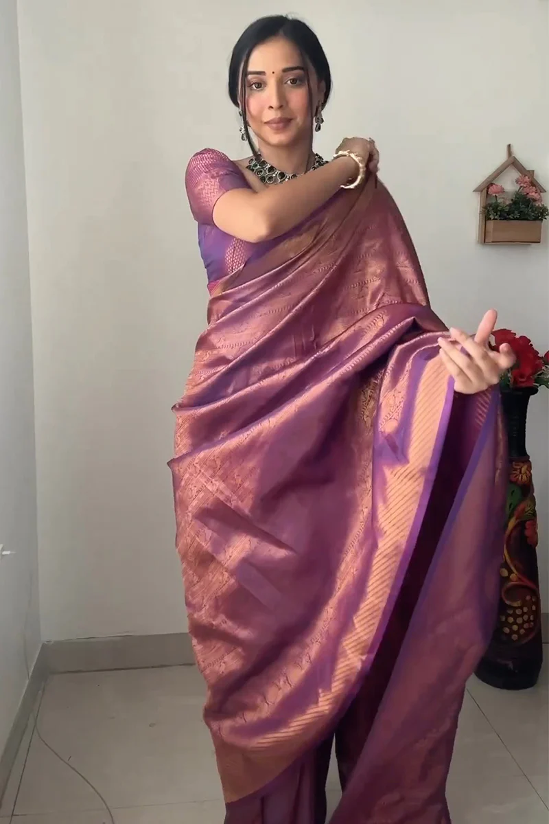Mellifluous 1-Minute Ready To Wear Purple Kanjivaram Silk Saree - Image 2