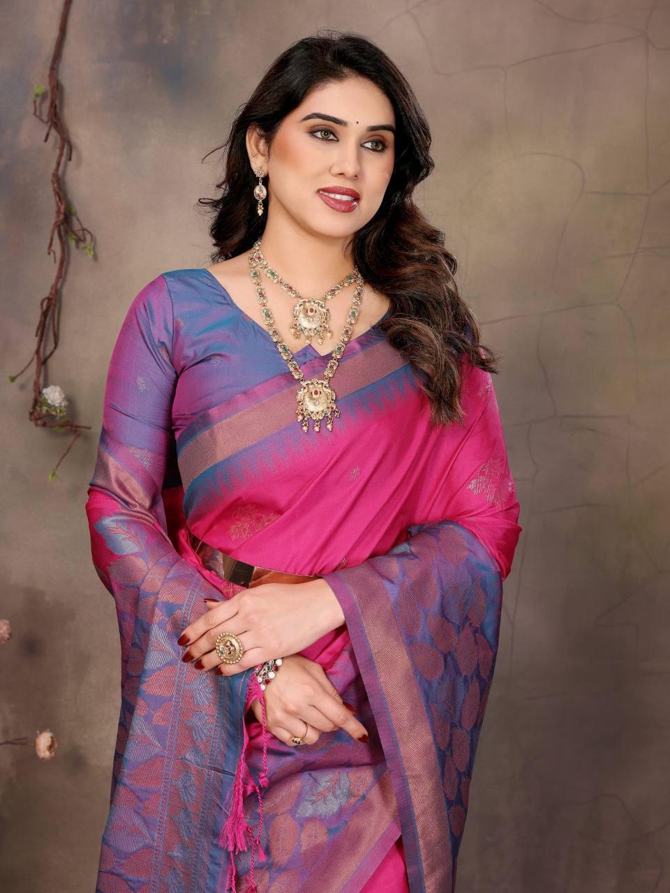 Mellifluous Dark Pink Soft Banarasi Silk Saree With Luxuriant Blouse Piece - Image 2