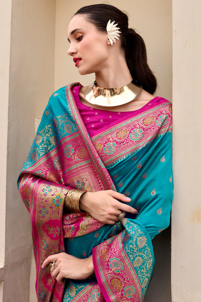 Mellifluous Firozi Soft Banarasi Silk Saree With Glittering Blouse Piece - Image 2