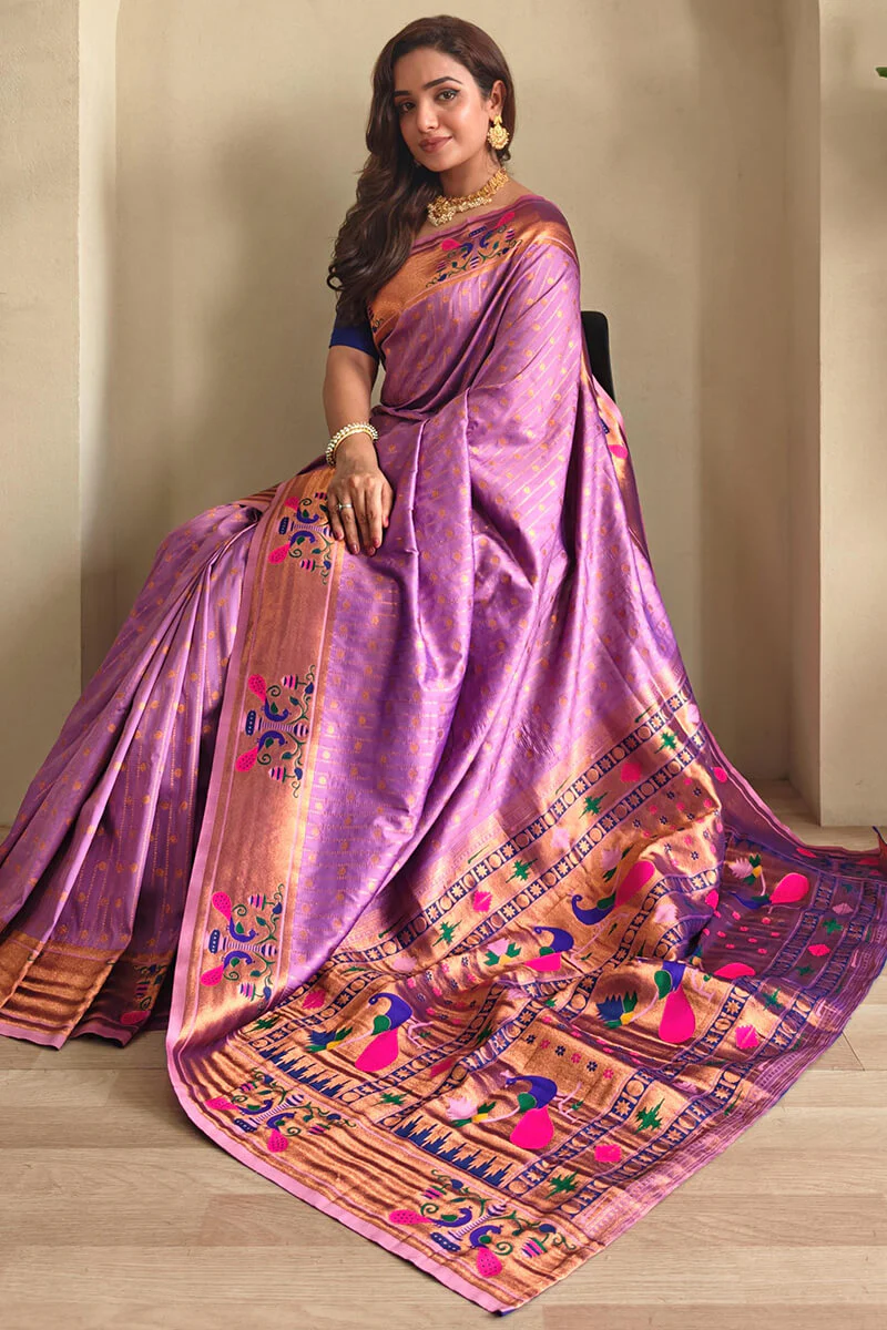 Mellifluous Lavender Paithani Silk Saree With Fantabulous Blouse Piece - Image 2