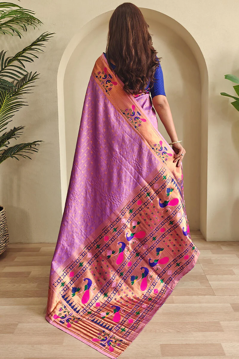 Mellifluous Lavender Paithani Silk Saree With Fantabulous Blouse Piece - Image 3