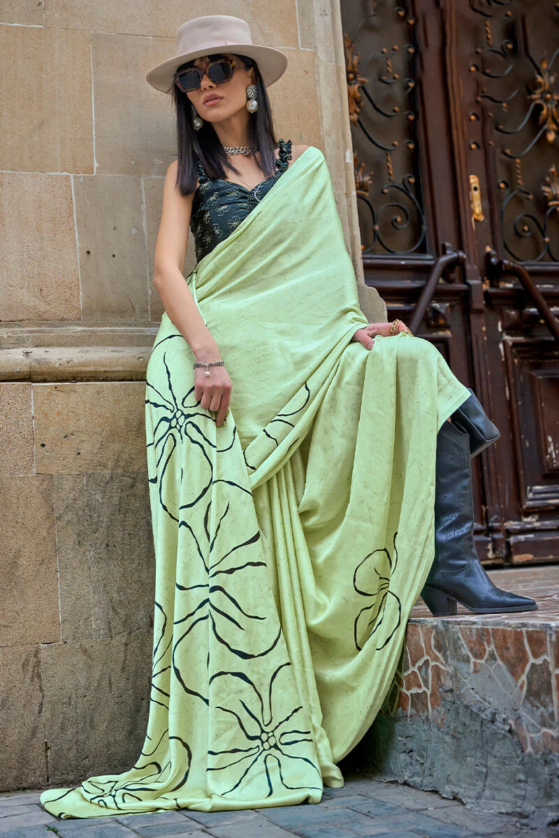 Mellifluous Pista Digital Printed Satin Silk Saree With Staggering Blouse Piece - Image 4