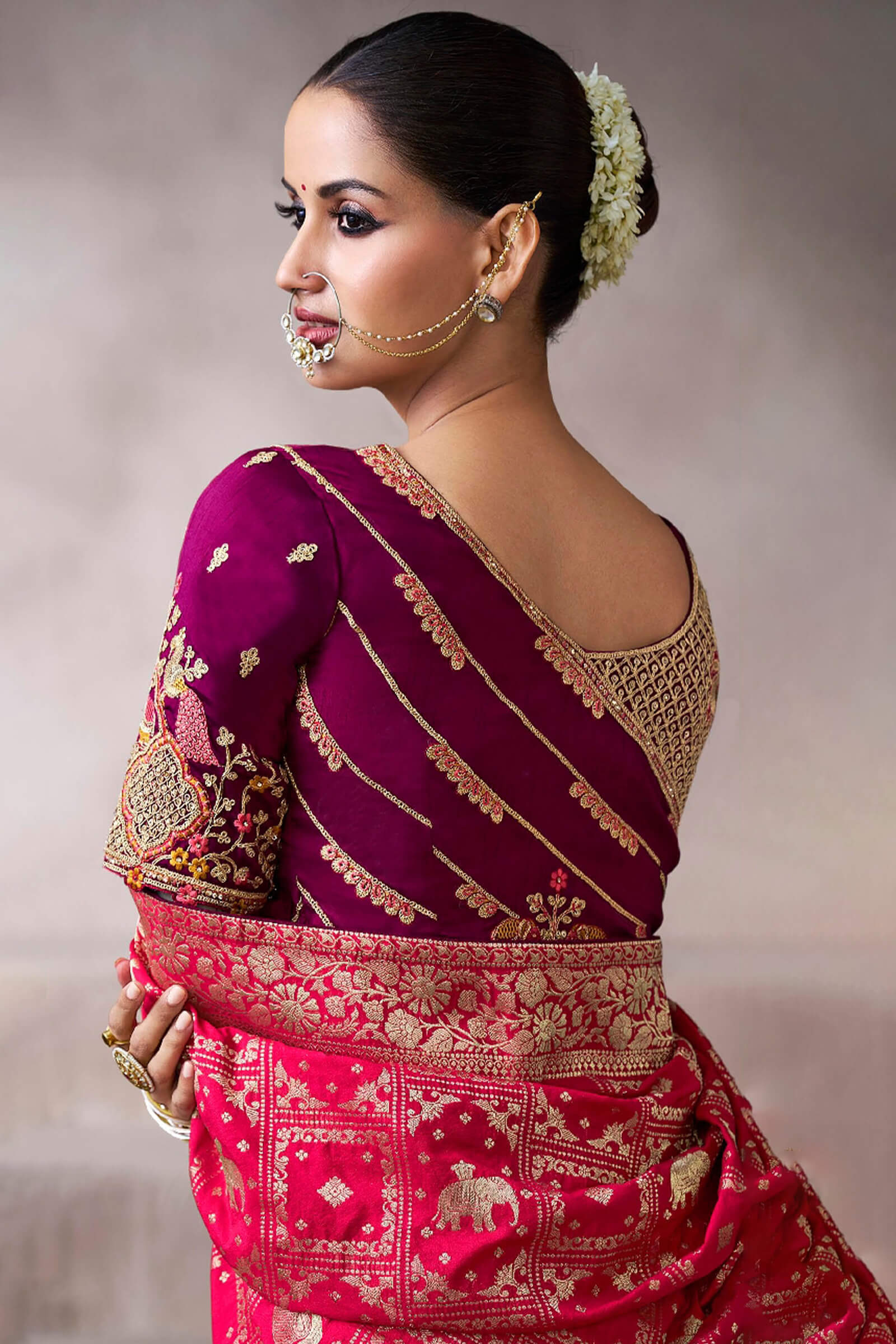 Mellifluous Red Banarasi Satin Silk Saree With Posh Blouse - Image 3