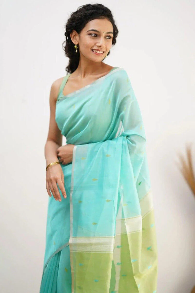Mellifluous Sea Green Cotton Silk Saree With Staggering Blouse Piece - Image 7