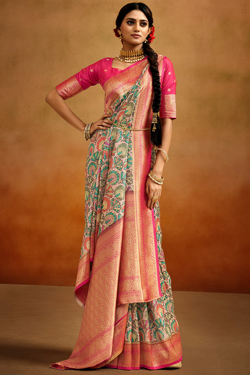 Mesmeric Beige Kalamkari Printed Saree With Vivacious Blouse Piece - Image 4