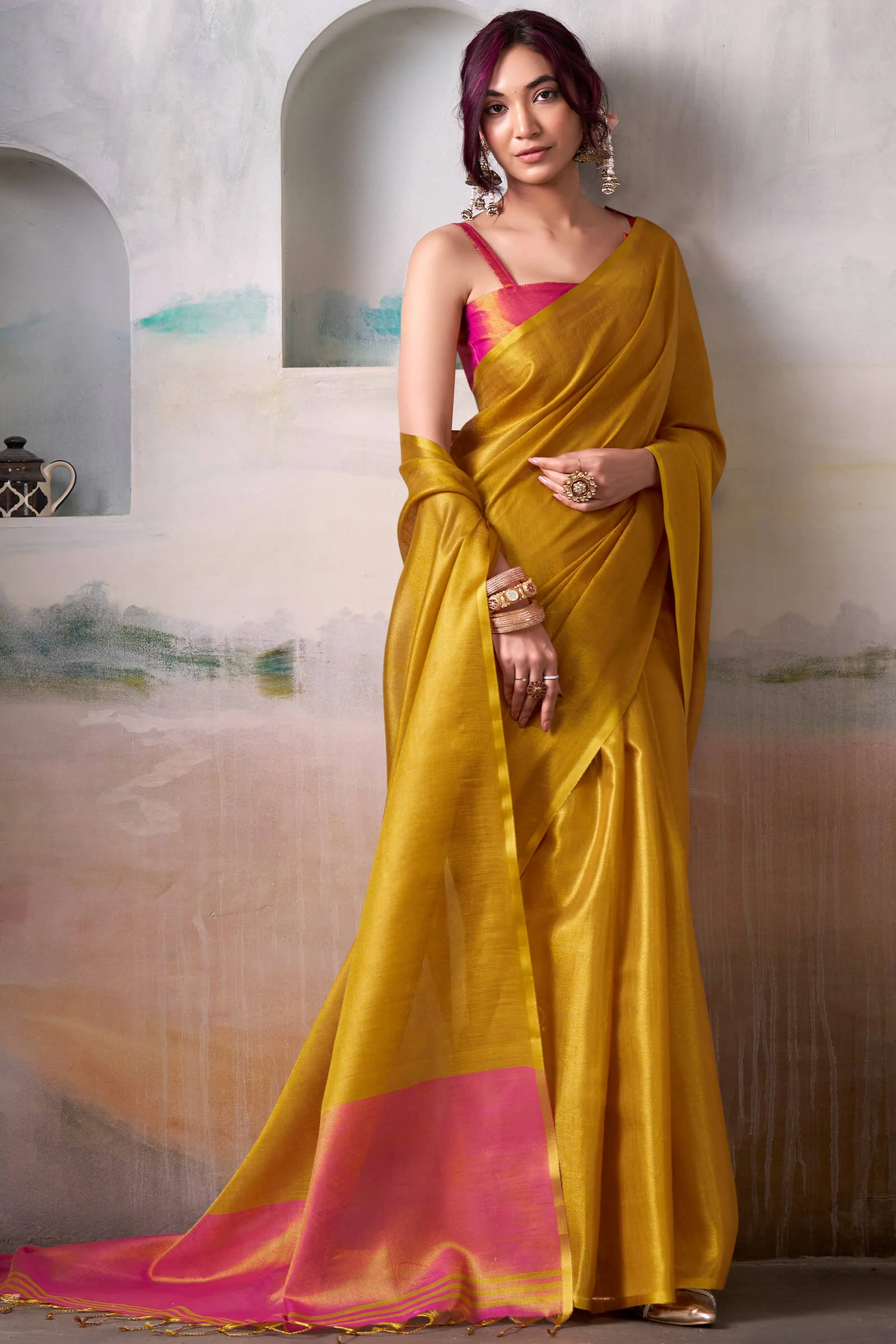 Mesmeric Mustard Soft Banarasi Tissue Silk Saree With Ephemeral Blouse Piece - Image 3