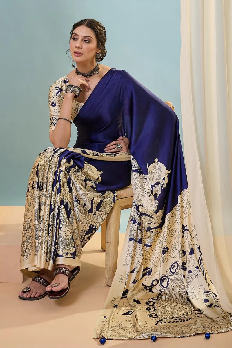 Mesmeric Navy Blue Ajrakh Printed Semi Modal Silk Saree With Bewitching Blouse Piece - Image 2