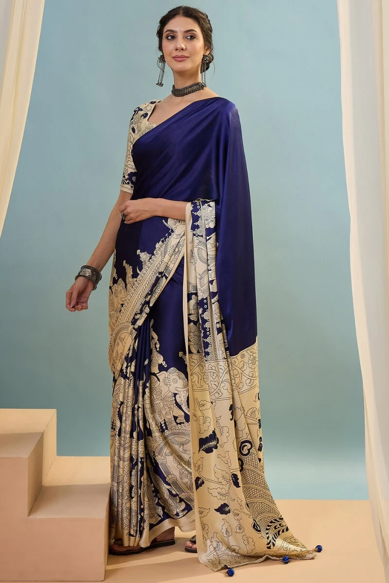Mesmeric Navy Blue Ajrakh Printed Semi Modal Silk Saree With Bewitching Blouse Piece - Image 3