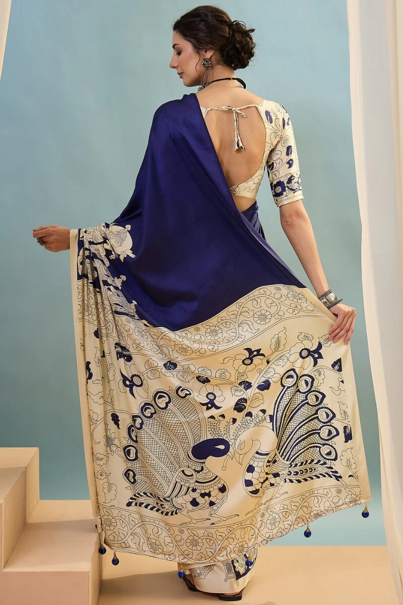 Mesmeric Navy Blue Ajrakh Printed Semi Modal Silk Saree With Bewitching Blouse Piece - Image 7