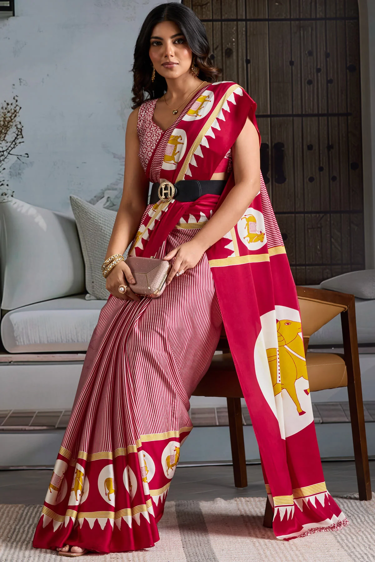 Mesmeric Red Ajrakh Printed Satin Silk Saree With Magnetic Blouse Piece - Image 5