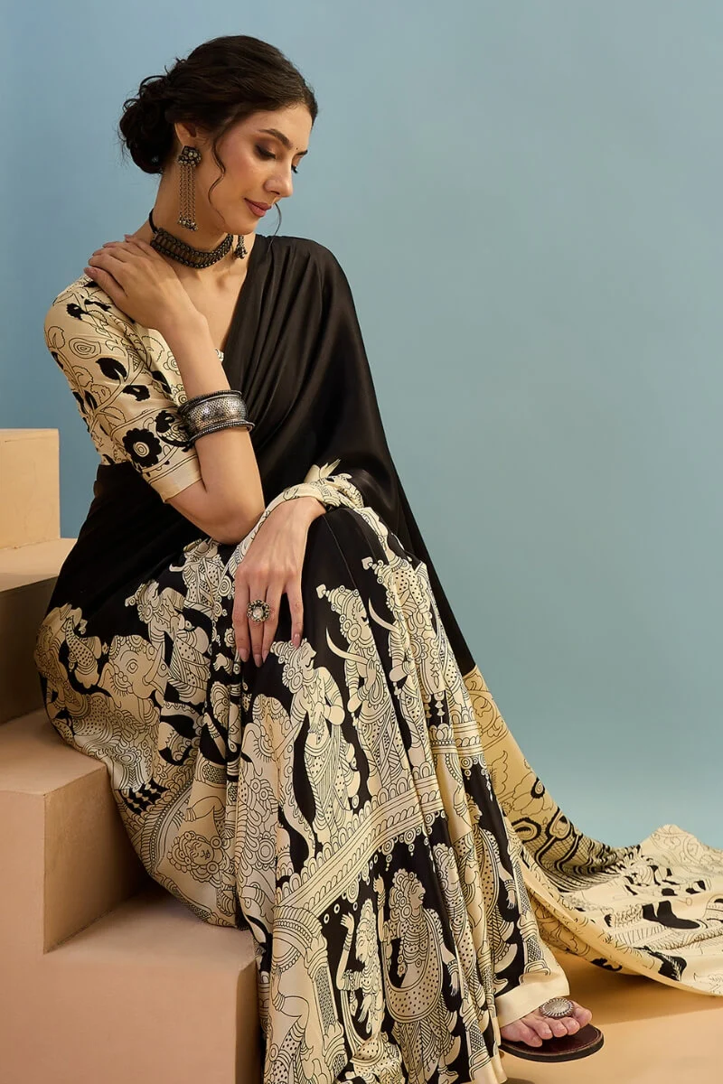Mesmerising Black Ajrakh Printed Semi Modal Silk Saree With Unequalled Blouse Piece - Image 2