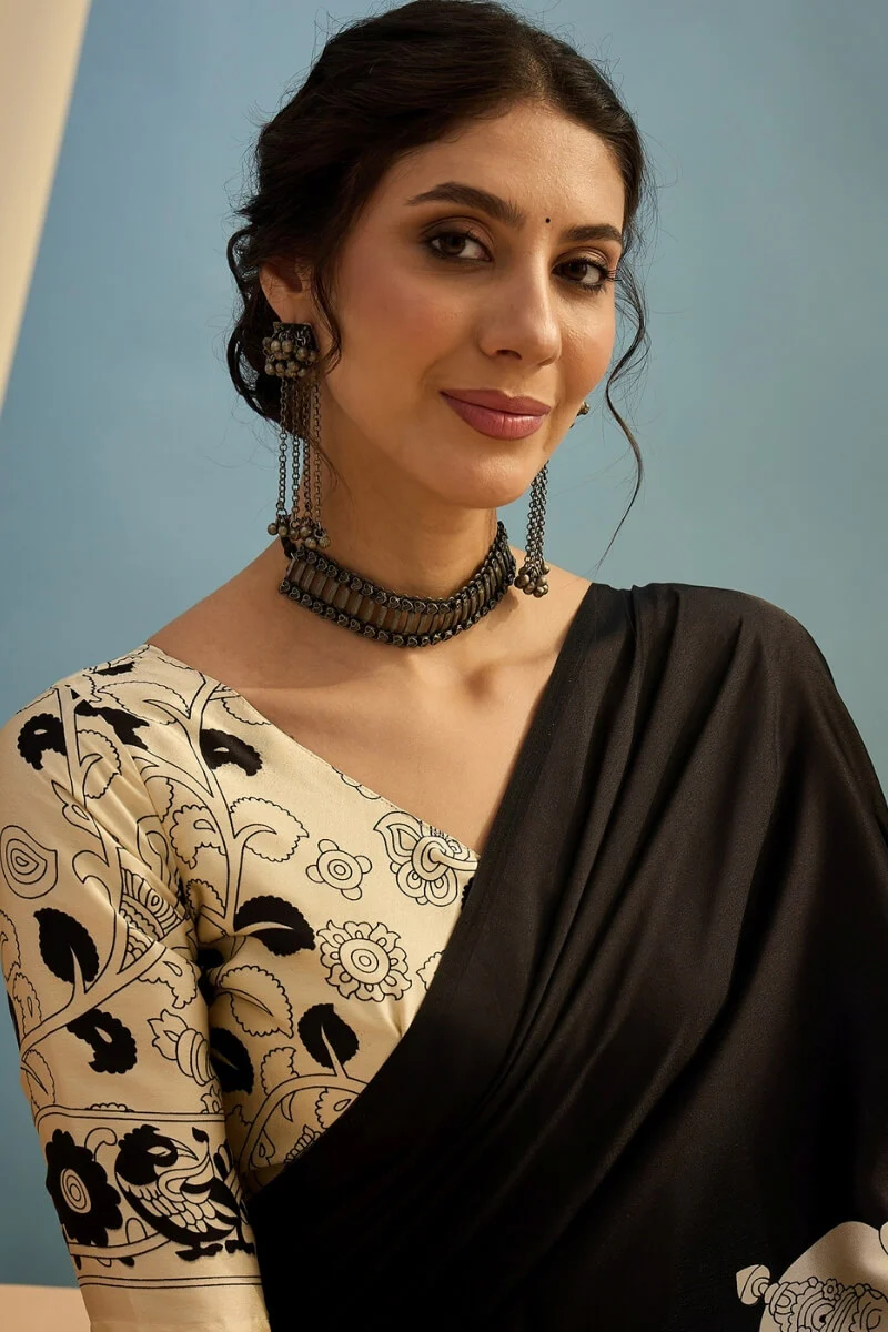 Mesmerising Black Ajrakh Printed Semi Modal Silk Saree With Unequalled Blouse Piece - Image 4