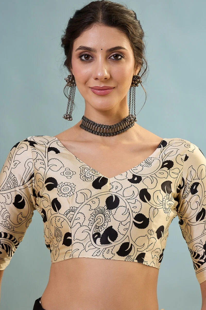 Mesmerising Black Ajrakh Printed Semi Modal Silk Saree With Unequalled Blouse Piece - Image 6