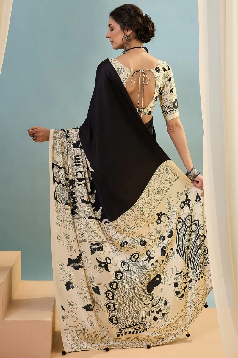 Mesmerising Black Ajrakh Printed Semi Modal Silk Saree With Unequalled Blouse Piece - Image 7