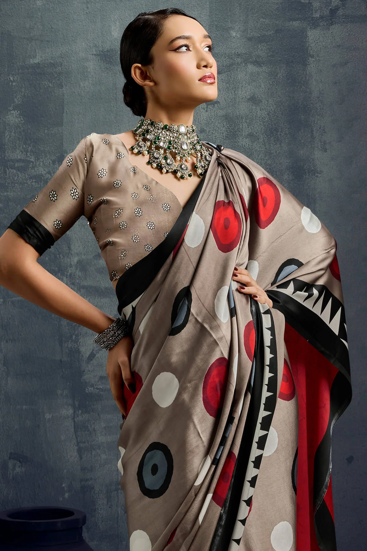 Mesmerising Brown Ajrakh Printed Satin Silk Saree With Ephemeral Blouse Piece - Image 2