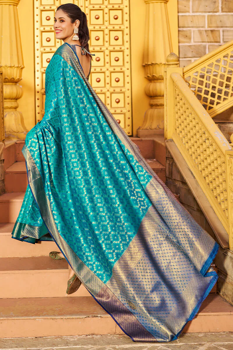 Mesmerising Firozi Patola Silk Saree with Precious Blouse Piece - Image 5