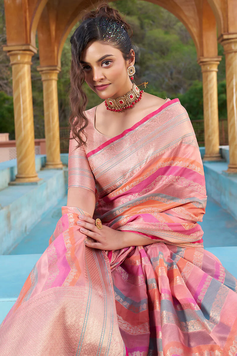 Mesmerising Pink Organza Silk Saree With Delightful Blouse Piece - Image 2