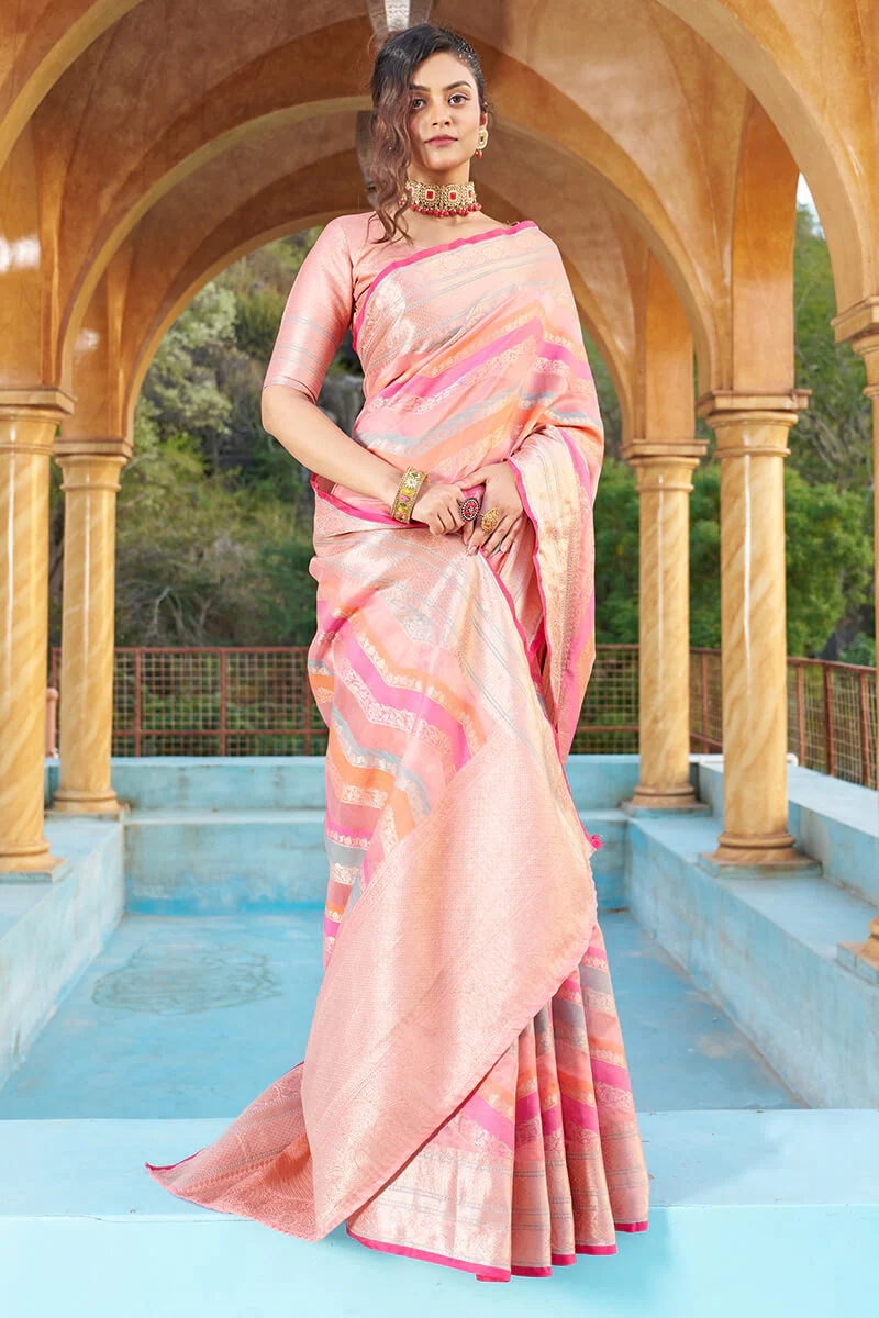 Mesmerising Pink Organza Silk Saree With Delightful Blouse Piece - Image 3