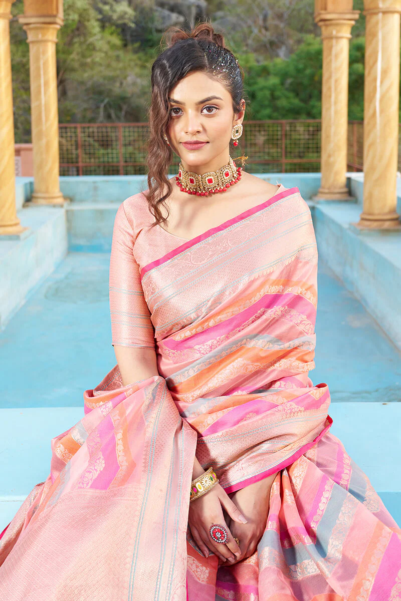 Mesmerising Pink Organza Silk Saree With Delightful Blouse Piece - Image 5