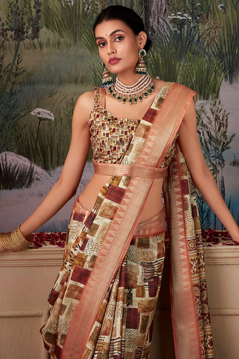 Moiety Brown Digital Printed Tussar Silk Saree With Sumptuous Blouse Piece - Image 2