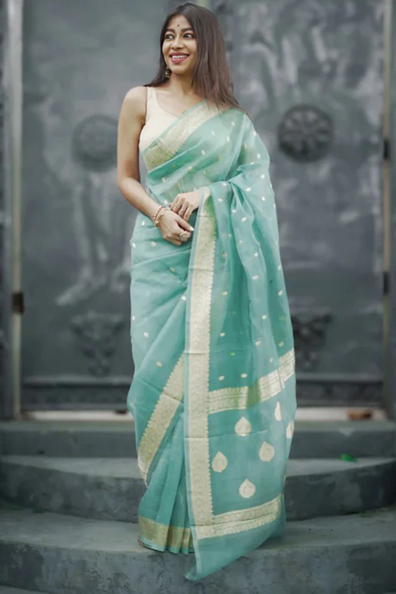 Moiety Turquoise Banarasi Silk Saree With Panoply Blouse Piece - Image 7