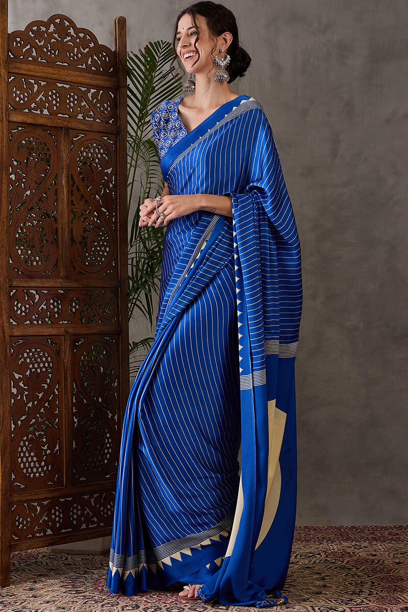 Most Flattering Blue Ajrakh Printed Semi Modal Silk Saree With Adorable Blouse Piece - Image 3