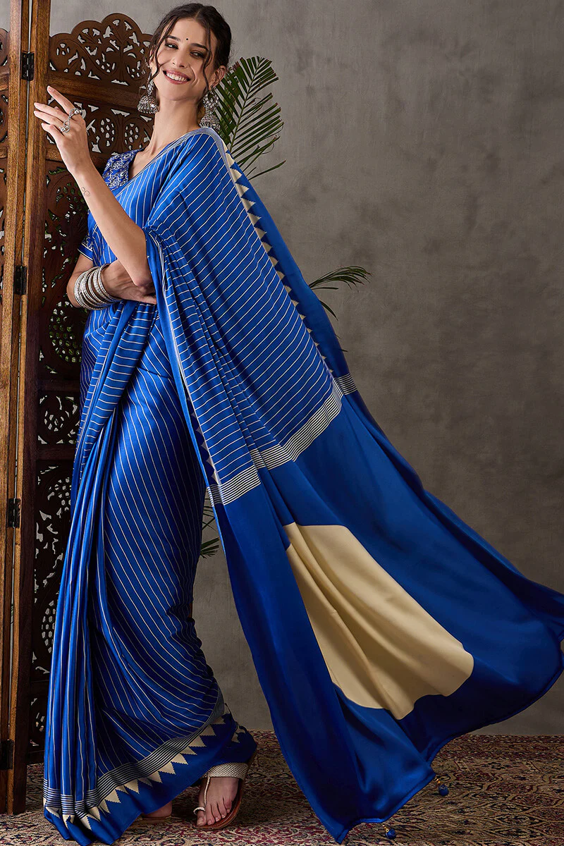 Most Flattering Blue Ajrakh Printed Semi Modal Silk Saree With Adorable Blouse Piece - Image 5
