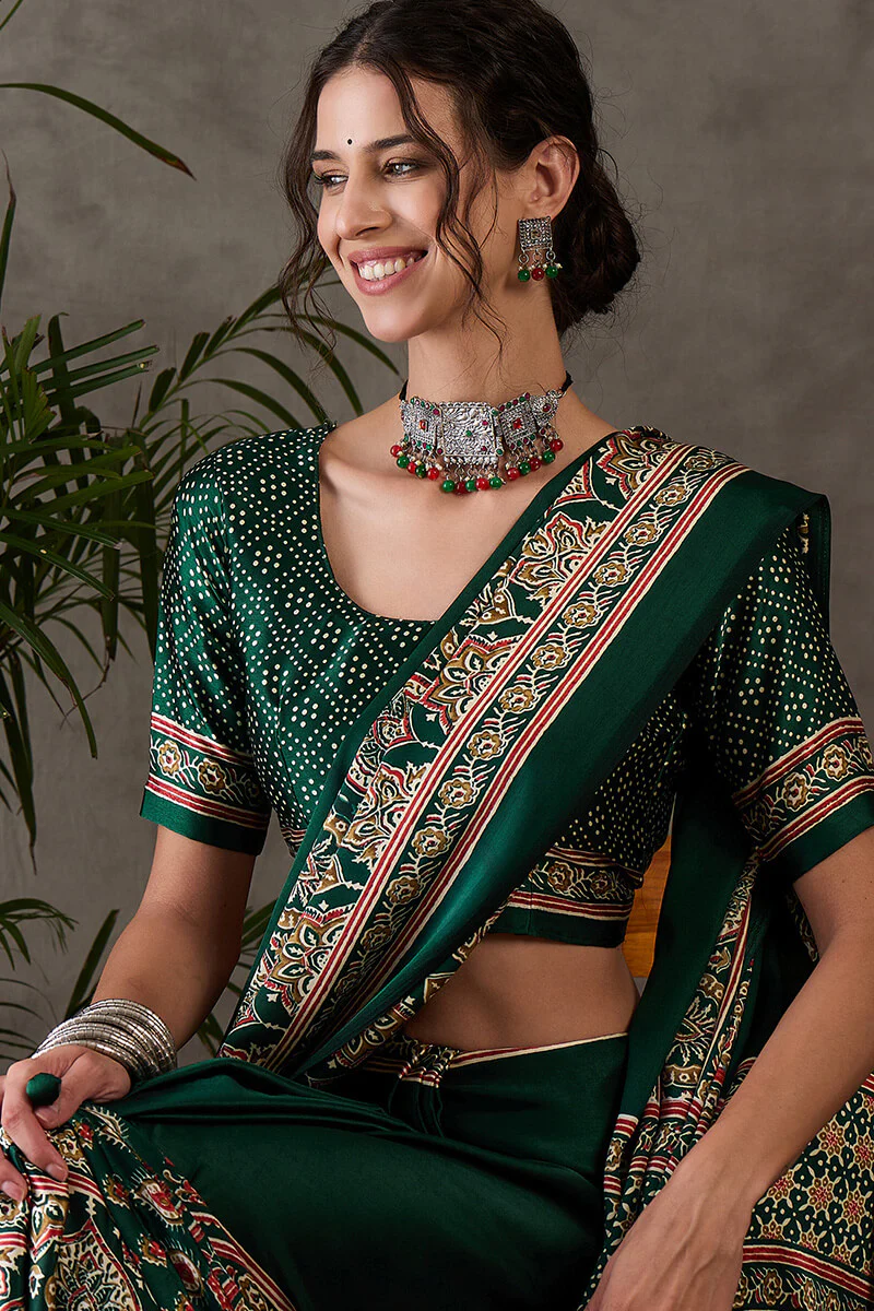 Most Stunning Dark Green Ajrakh Printed Semi Modal Silk Saree With Opulent Blouse Piece - Image 2