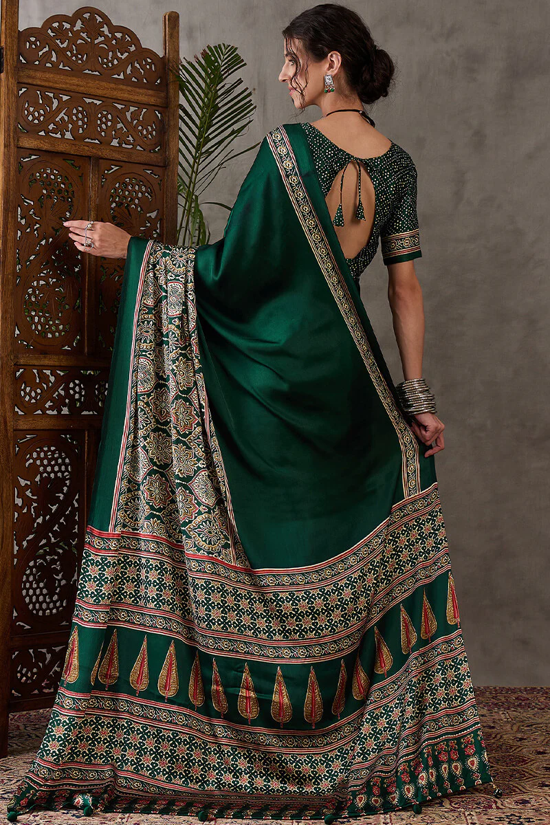 Most Stunning Dark Green Ajrakh Printed Semi Modal Silk Saree With Opulent Blouse Piece - Image 7