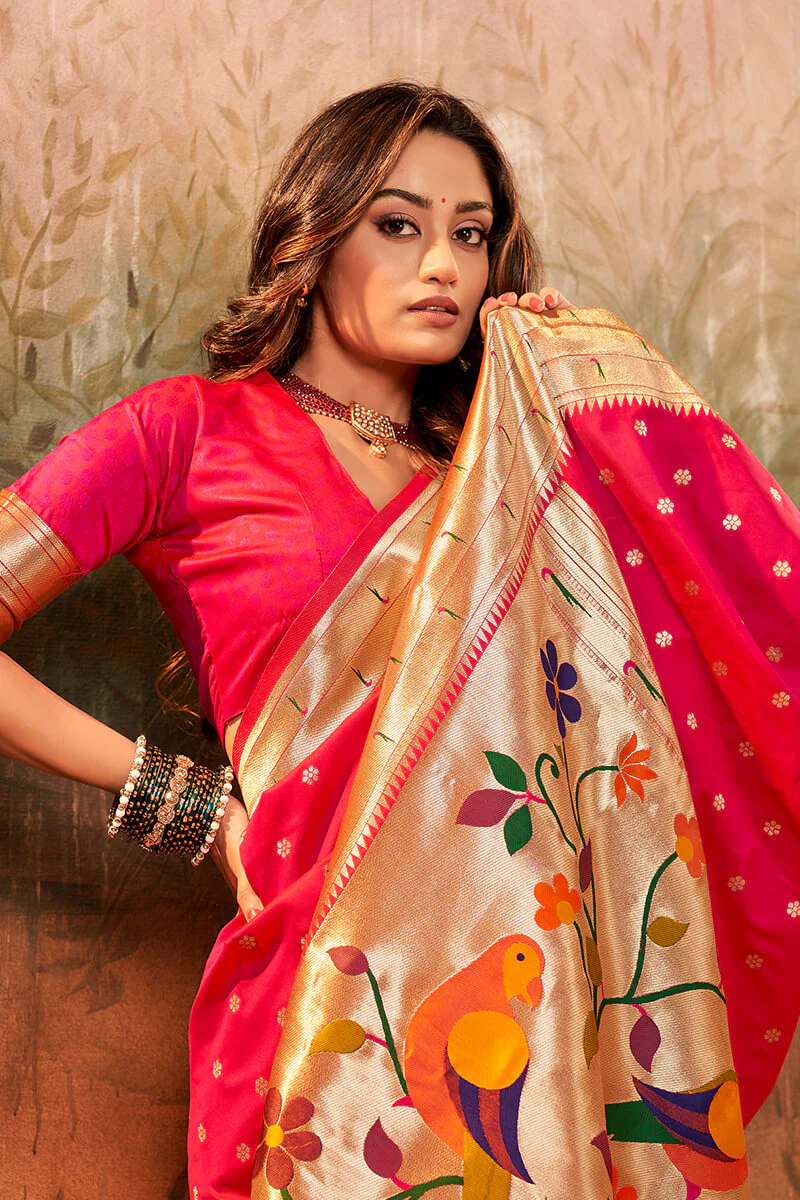 Most Stunning Dark Pink Paithani Silk Saree With Angelic Blouse Piece - Image 2