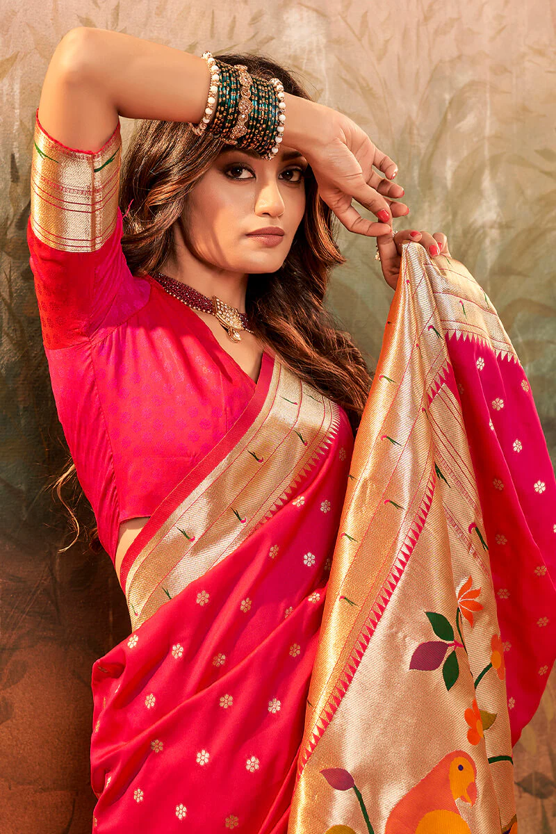 Most Stunning Dark Pink Paithani Silk Saree With Angelic Blouse Piece - Image 3