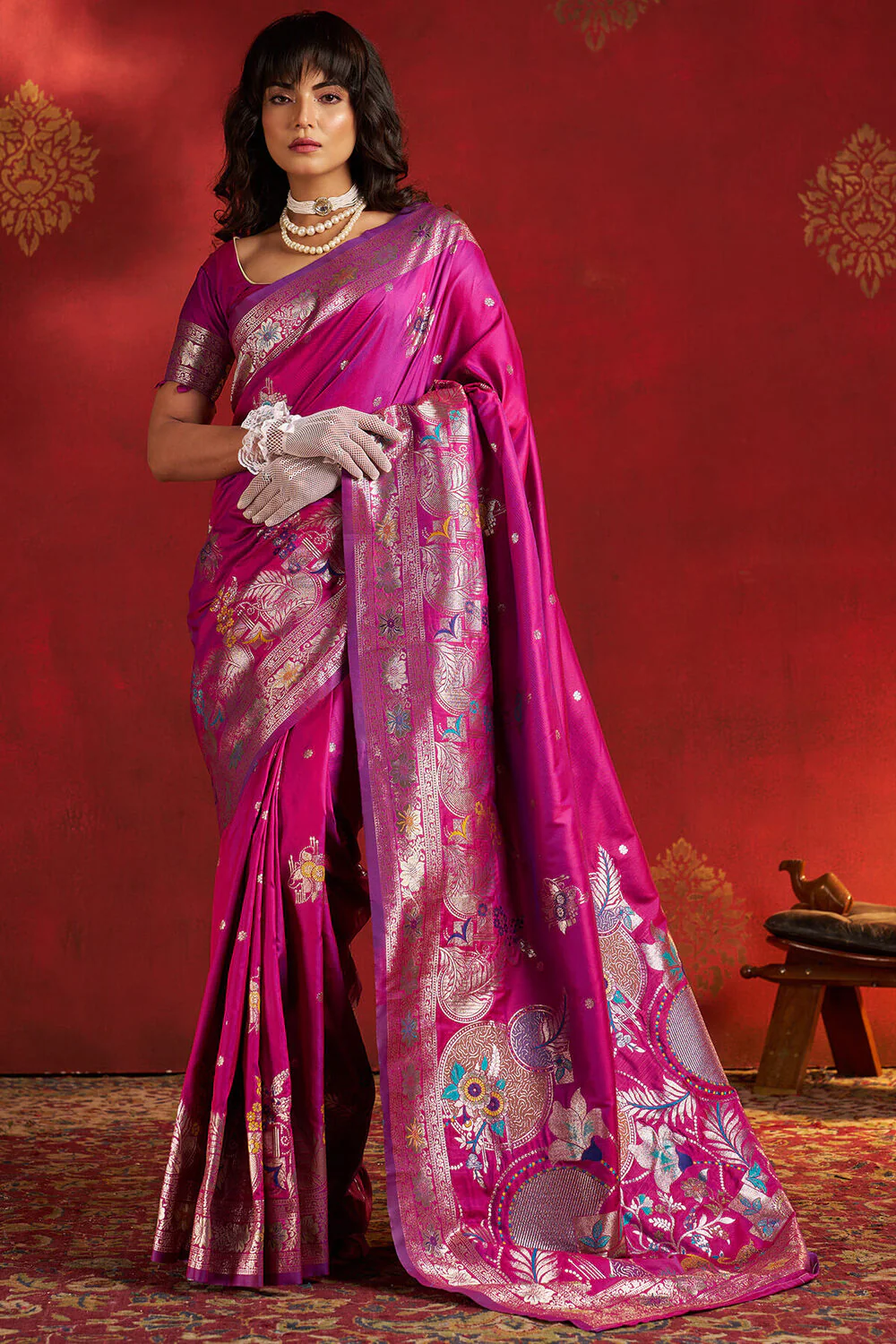 Most Stunning Magenta Pure Zari Weaving Banarasi Silk Saree With Outstanding Blouse Piece