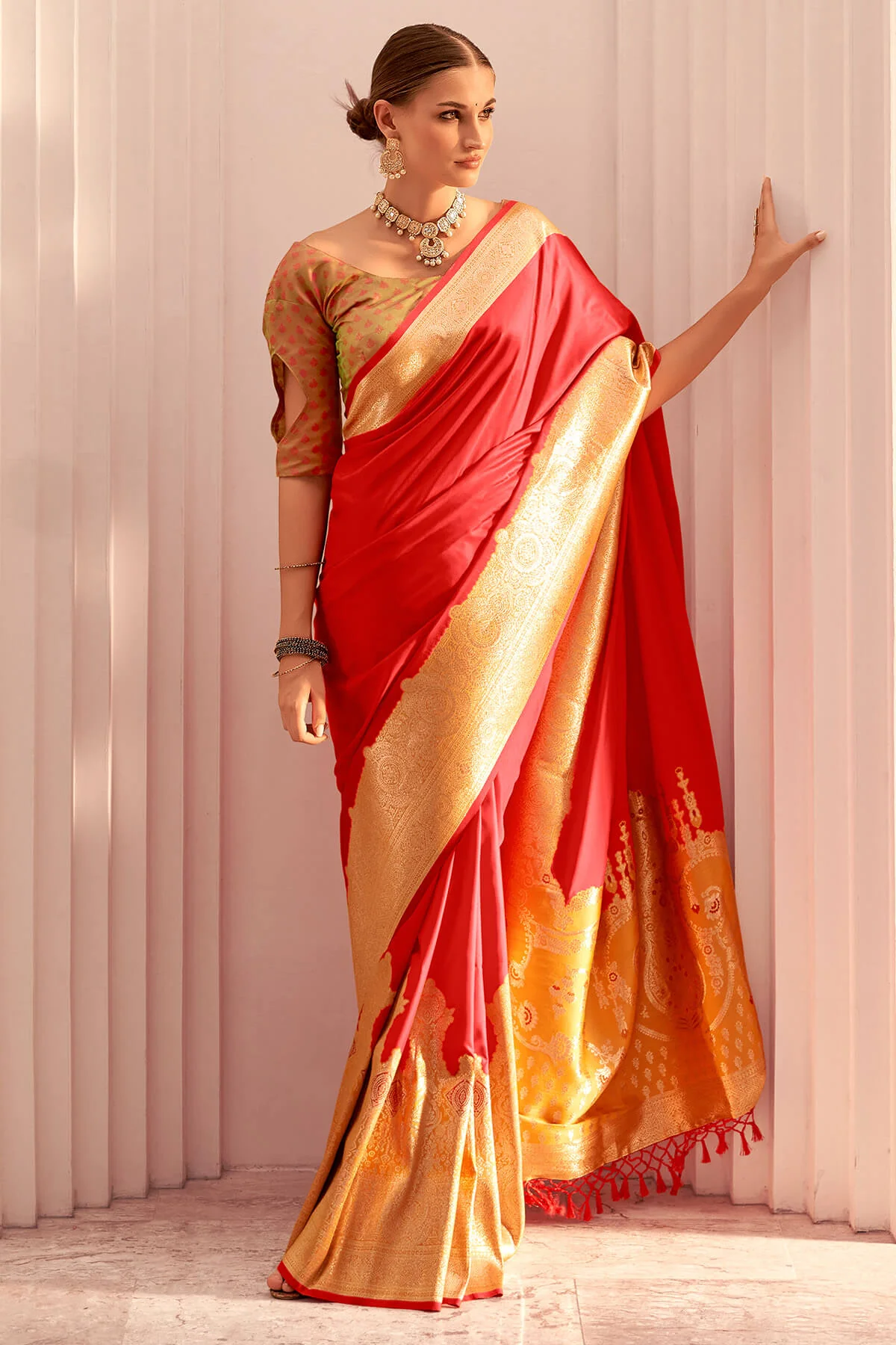 Most Stunning Red Soft Banarasi Silk Saree With Embrocation Blouse Piece - Image 3