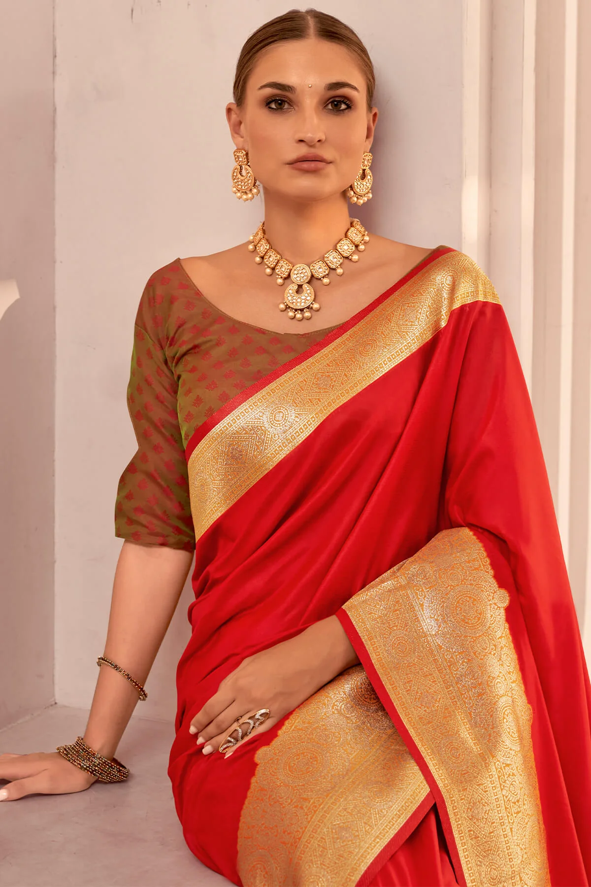 Most Stunning Red Soft Banarasi Silk Saree With Embrocation Blouse Piece - Image 4