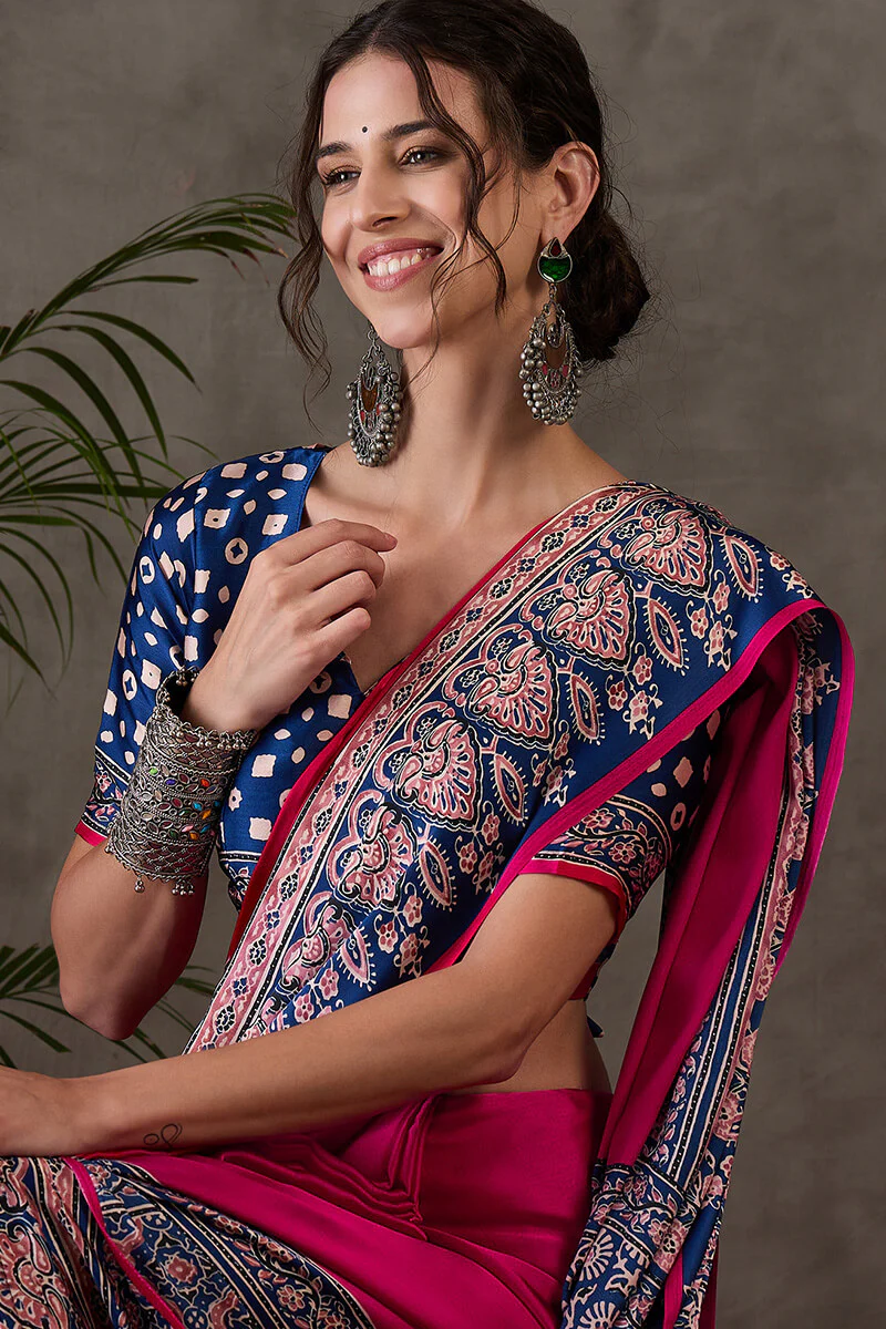Murmurous Dark Pink Ajrakh Printed Semi Modal Silk Saree With Ephemeral Blouse Piece - Image 2