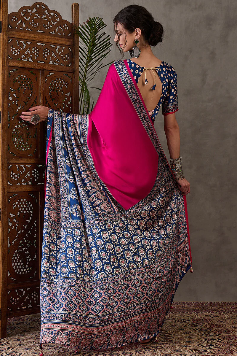 Murmurous Dark Pink Ajrakh Printed Semi Modal Silk Saree With Ephemeral Blouse Piece - Image 7