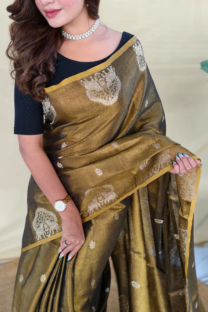 Murmurous Mehndi Banarasi Tissue Silk Saree With Chatoyant Blouse Piece - Image 3